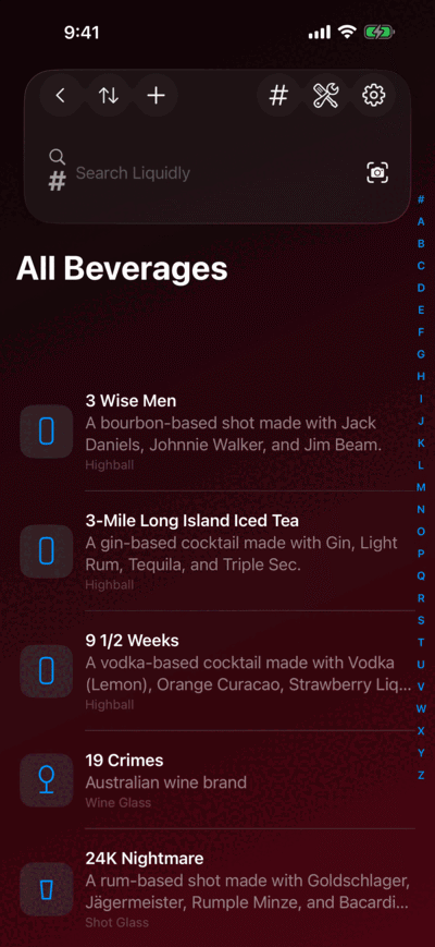 A looping preview of Liquidly’s drink library, search, visual lookup, and bar tools