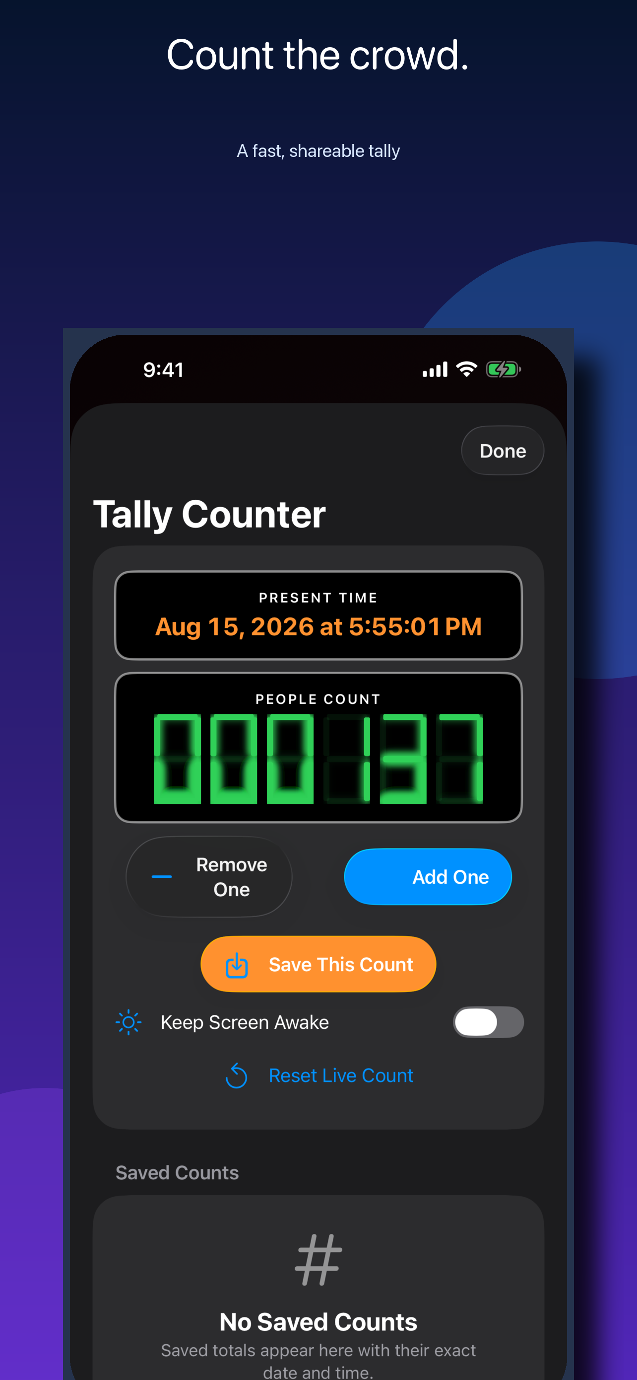 Liquidly tally counter for tracking a live crowd count